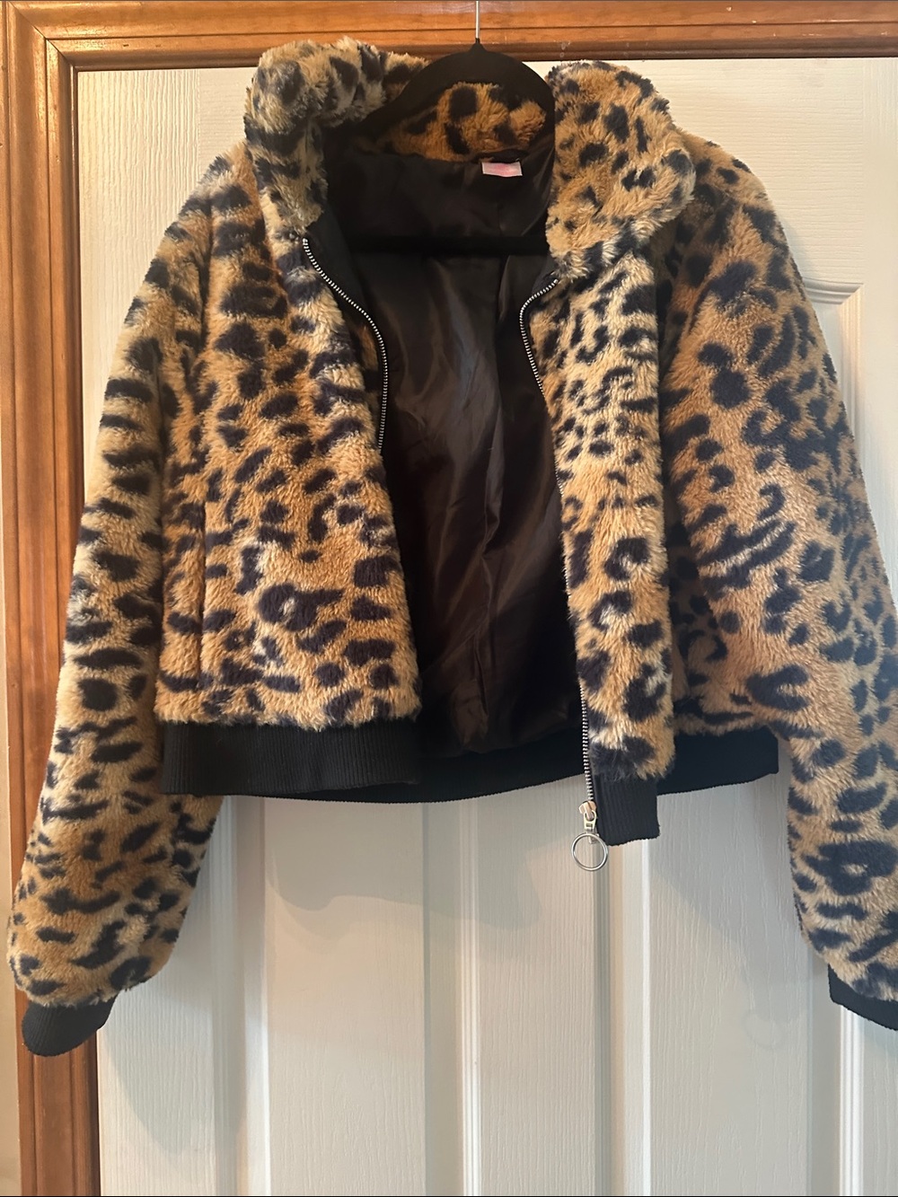 Leopard Print Faux Fur Bomber Jacket - Brown
